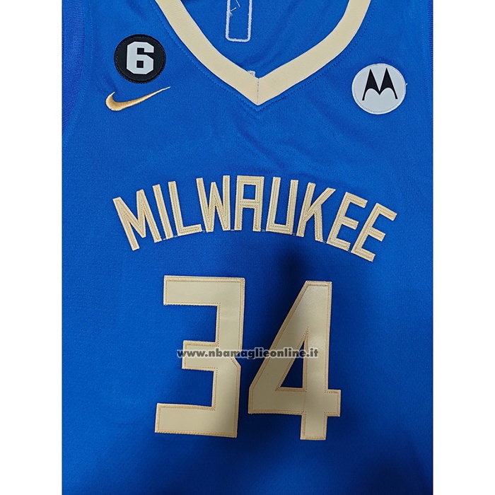 Maglia Milwaukee Bucks Giannis Antetokounmpo #34 Citta 2022-23 Blu
